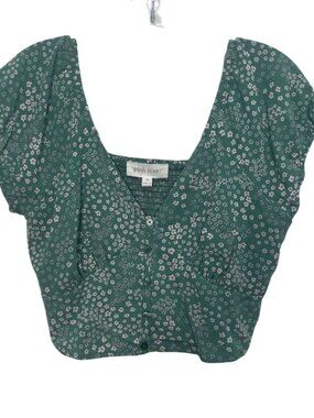 Pink Rose Ditsy Floral Cropped Top Shirt Medium Green New Puff Sleeves Summer